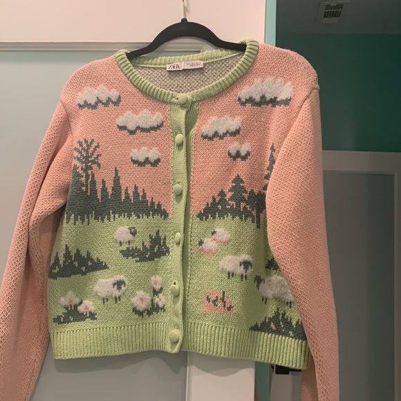 Zara Pink and Light Green Scenic Knit Cardigan - Picture 12 of 13